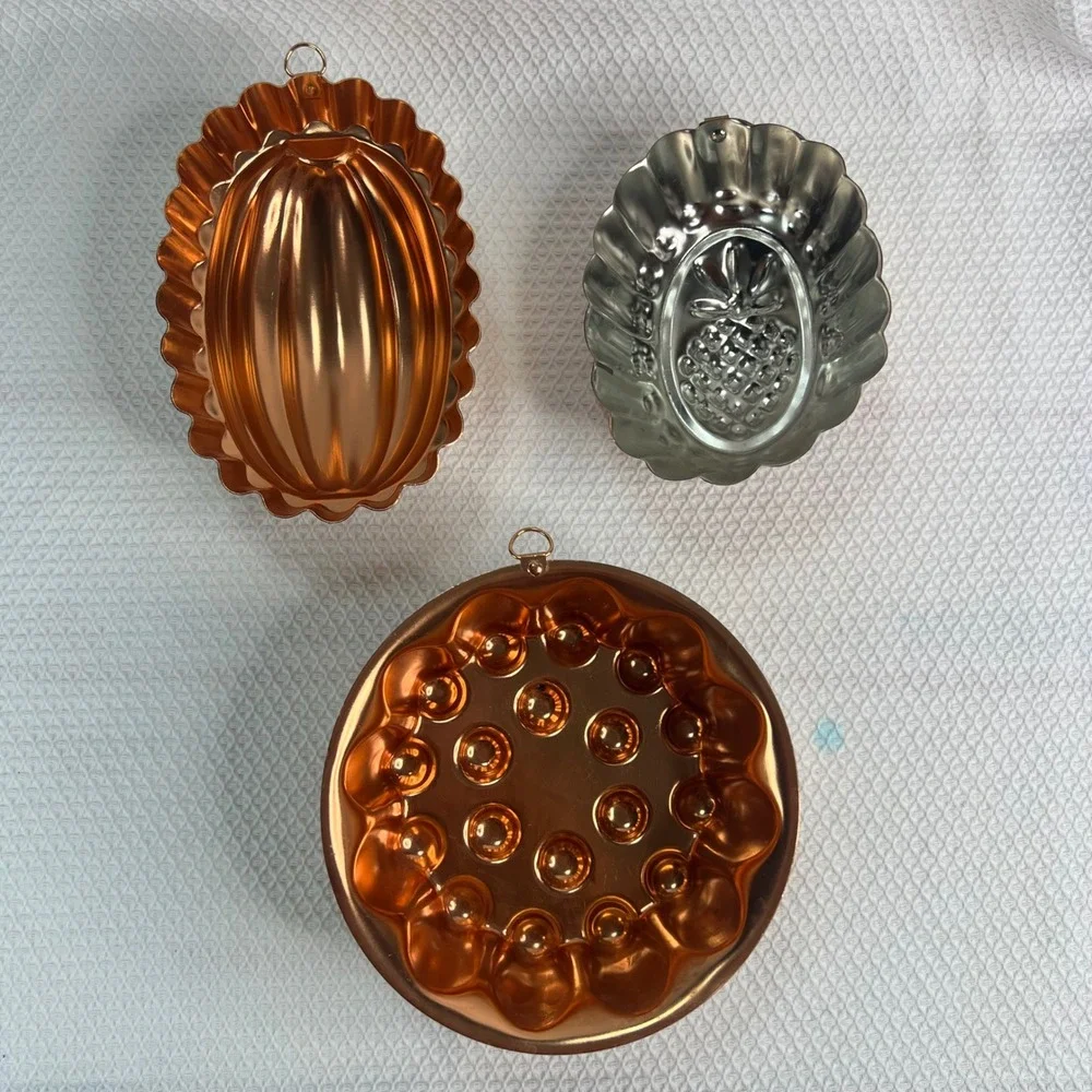Vintage Copper Metal Kitchen Jello Cake Mold Set of 3 Wall Hangings Cottagecore‎